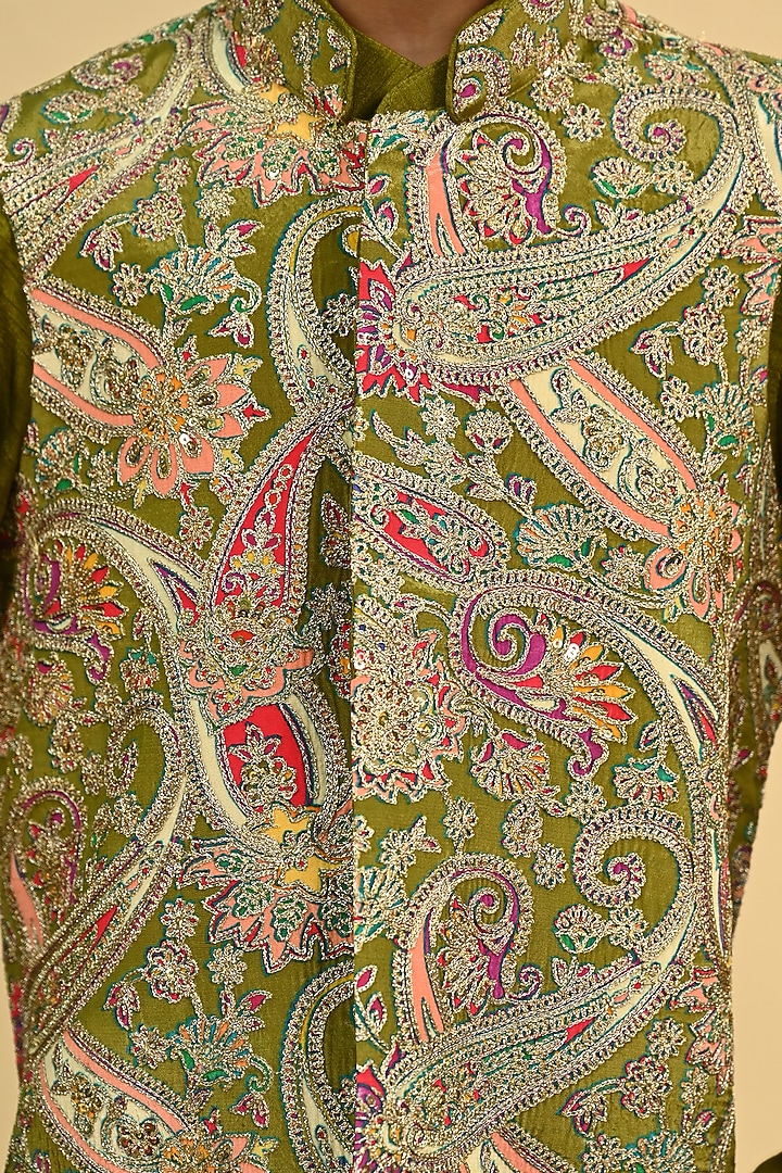 Olive Green Dola Silk Embroidered Nehru Jacket Set For Boys by Taber Tikri at Pernia's Pop Up Shop