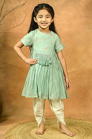 Green Pure Chanderi Embroidered Kurta Set For Girls by Taber Tikri
