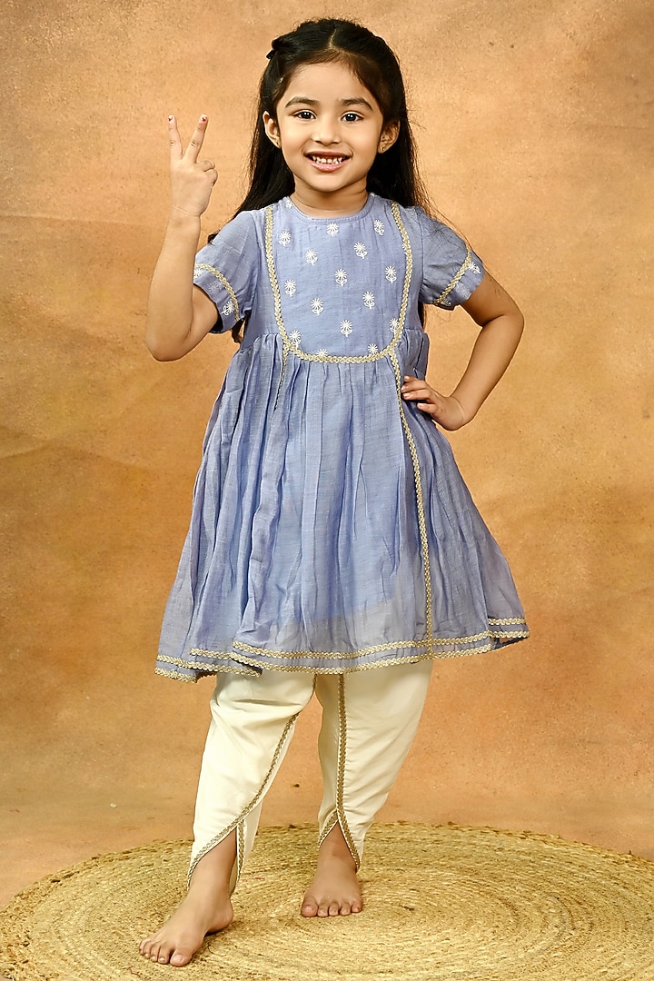 Blue Pure Chanderi Embroidered Kurta Set For Girls by Taber Tikri at Pernia's Pop Up Shop