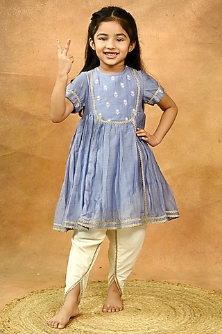 Blue Pure Chanderi Embroidered Kurta Set For Girls by Taber Tikri