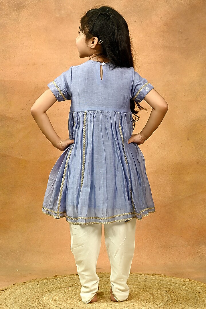 Blue Pure Chanderi Embroidered Kurta Set For Girls by Taber Tikri at Pernia's Pop Up Shop