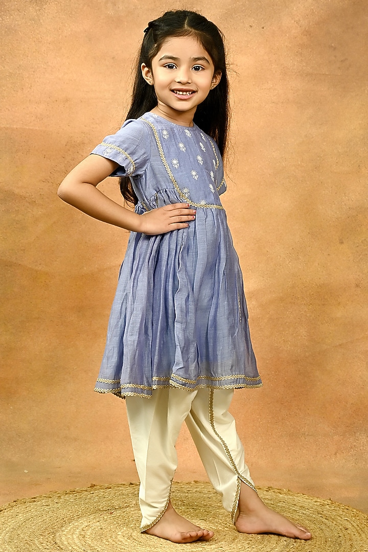 Blue Pure Chanderi Embroidered Kurta Set For Girls by Taber Tikri at Pernia's Pop Up Shop