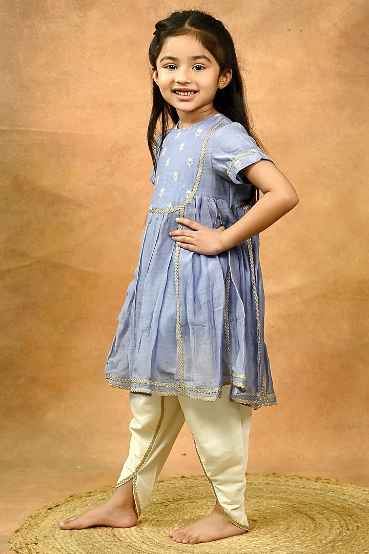 Blue Pure Chanderi Embroidered Kurta Set For Girls by Taber Tikri at Pernia's Pop Up Shop