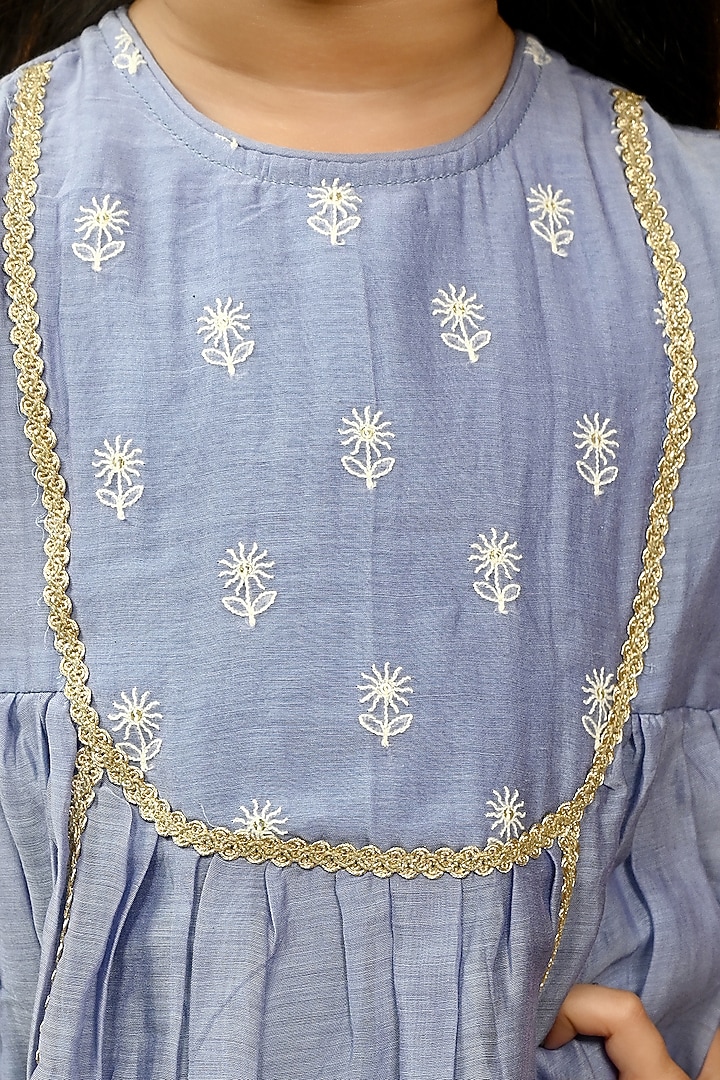 Blue Pure Chanderi Embroidered Kurta Set For Girls by Taber Tikri at Pernia's Pop Up Shop