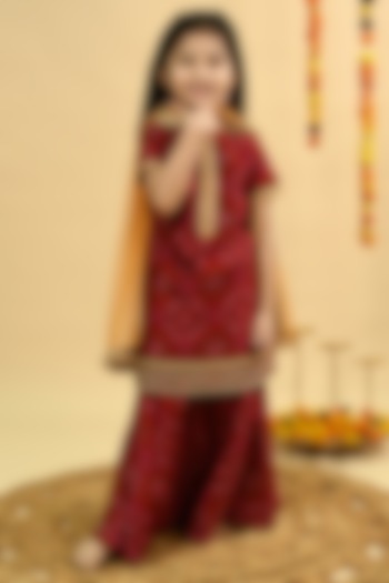 Maroon Pure Chanderi Printed Sharara Set For Girls by Taber Tikri at Pernia's Pop Up Shop