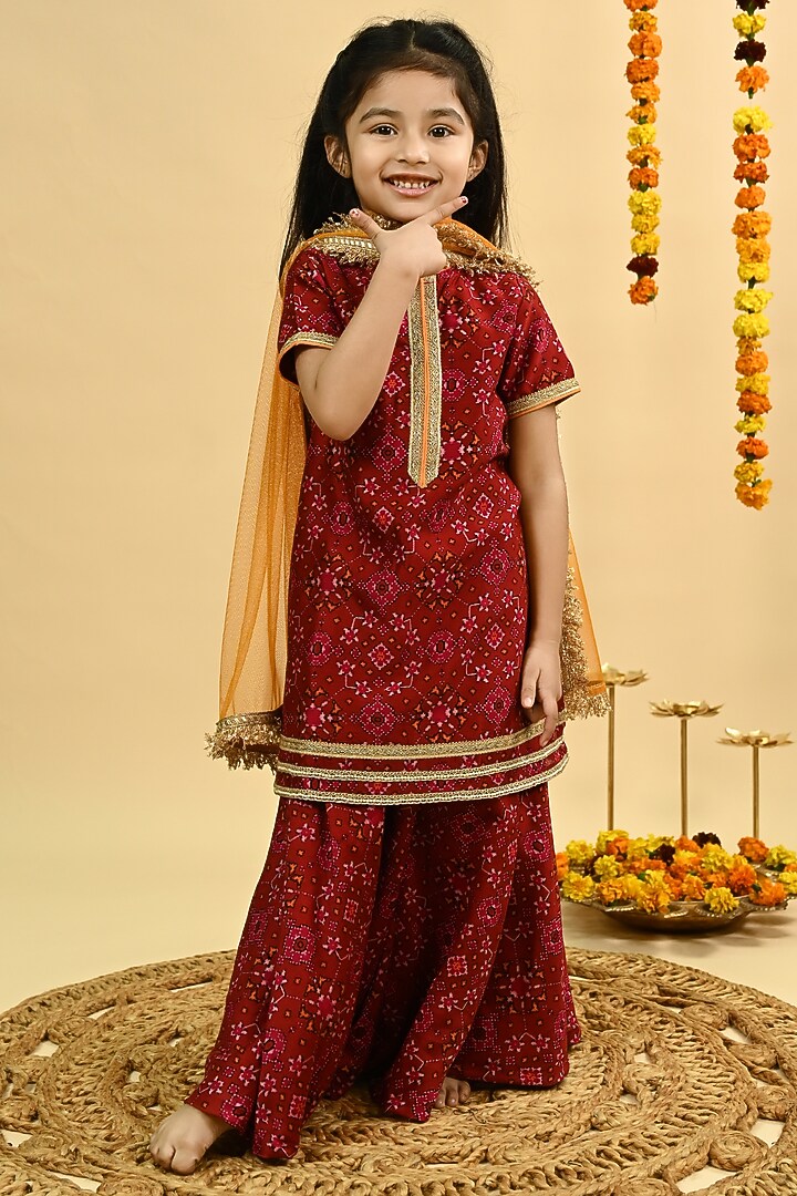 Maroon Pure Chanderi Printed Sharara Set For Girls by Taber Tikri at Pernia's Pop Up Shop