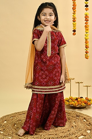 Maroon Pure Chanderi Printed Sharara Set For Girls by Taber Tikri