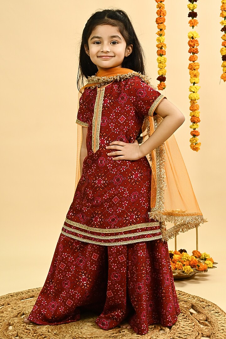 Maroon Pure Chanderi Printed Sharara Set For Girls by Taber Tikri at Pernia's Pop Up Shop