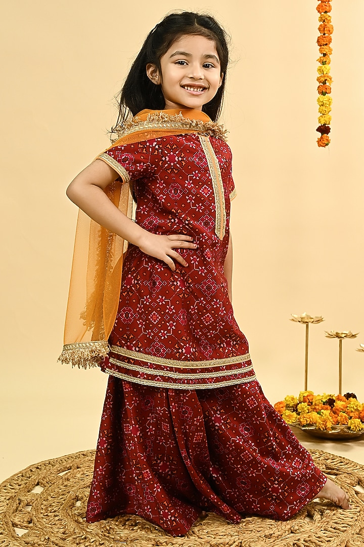 Maroon Pure Chanderi Printed Sharara Set For Girls by Taber Tikri at Pernia's Pop Up Shop