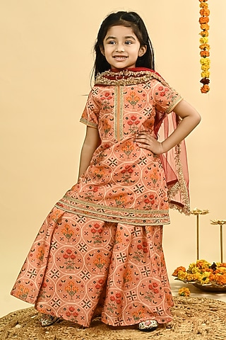 Peach Pure Chanderi Printed Sharara Set For Girls by Taber Tikri