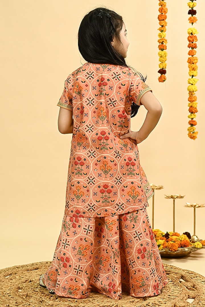 Peach Pure Chanderi Printed Sharara Set For Girls by Taber Tikri at Pernia's Pop Up Shop