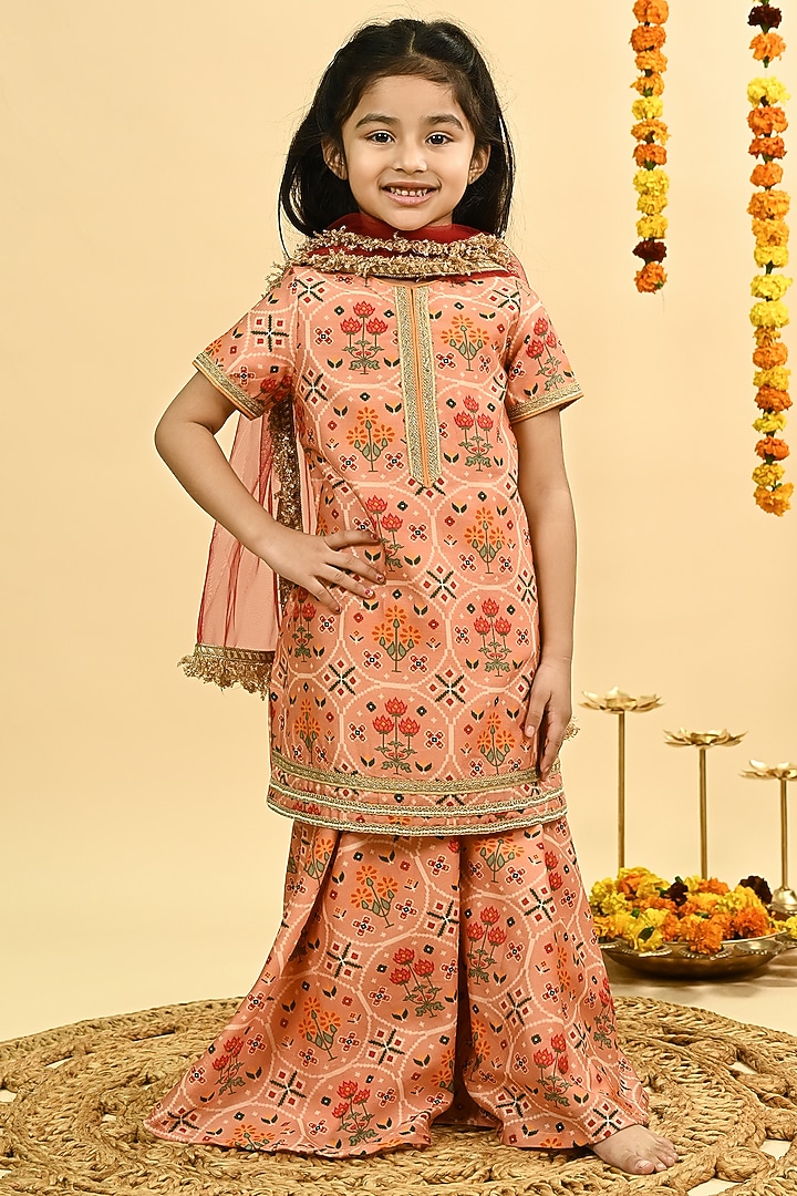 Peach Pure Chanderi Printed Sharara Set For Girls by Taber Tikri at Pernia's Pop Up Shop