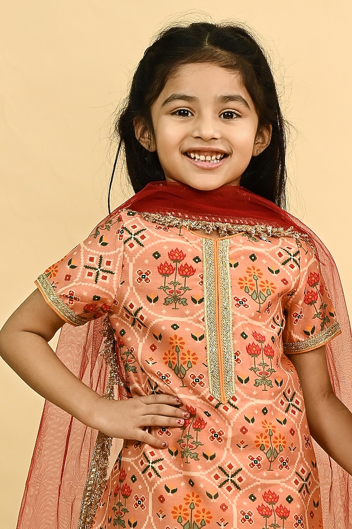 Peach Pure Chanderi Printed Sharara Set For Girls by Taber Tikri at Pernia's Pop Up Shop