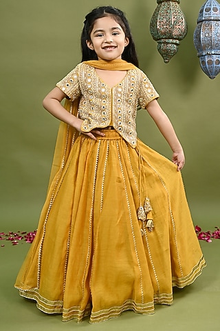 Mustard Yellow Pure Chanderi Gota Work Lehenga Set For Girls by Taber Tikri