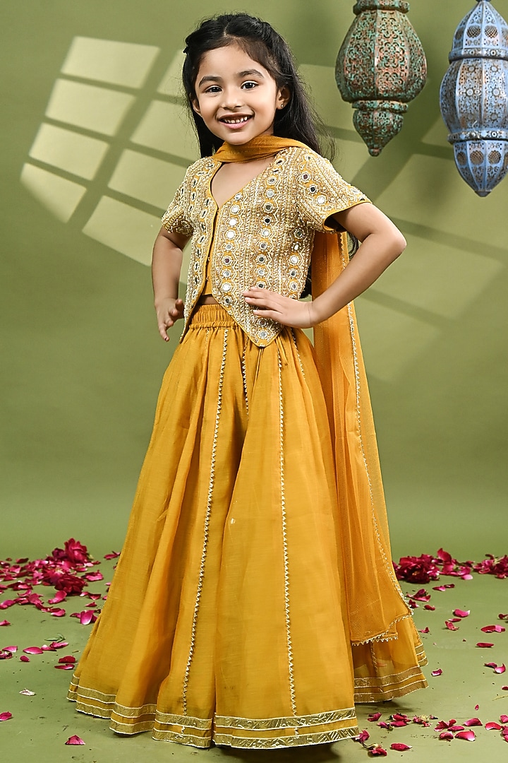 Mustard Yellow Pure Chanderi Gota Work Lehenga Set For Girls by Taber Tikri at Pernia's Pop Up Shop