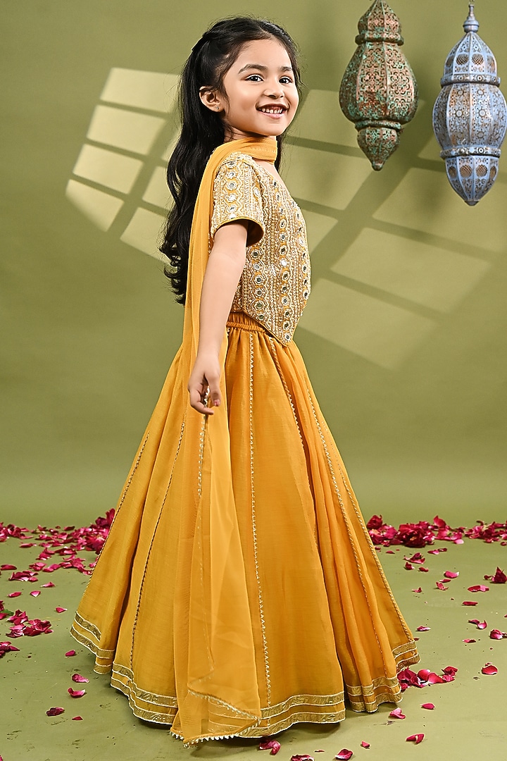 Mustard Yellow Pure Chanderi Gota Work Lehenga Set For Girls by Taber Tikri at Pernia's Pop Up Shop