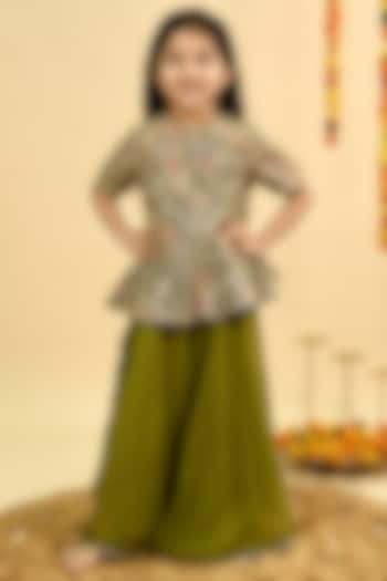 Olive Green Organza Sharara Set For Girls by Taber Tikri at Pernia's Pop Up Shop