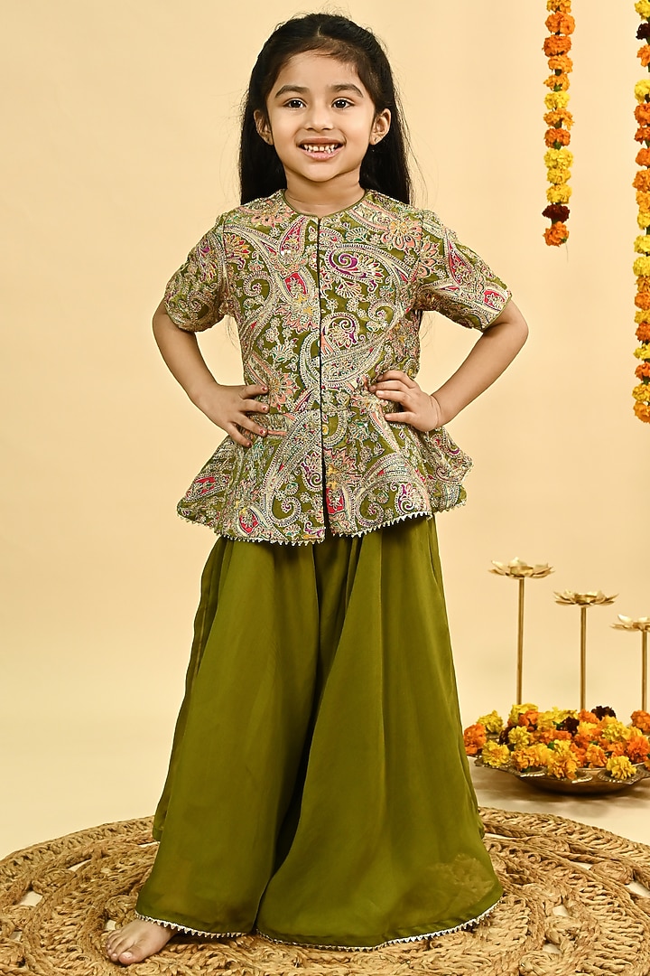 Olive Green Organza Sharara Set For Girls by Taber Tikri at Pernia's Pop Up Shop