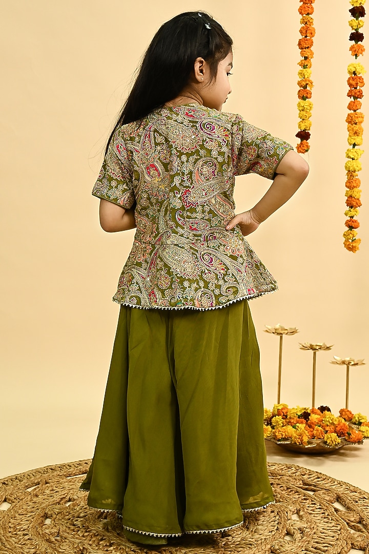 Olive Green Organza Sharara Set For Girls by Taber Tikri at Pernia's Pop Up Shop