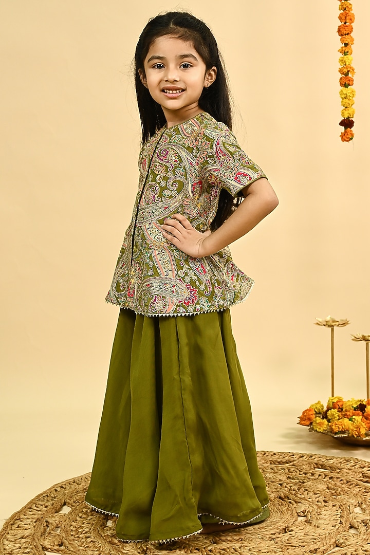 Olive Green Organza Sharara Set For Girls by Taber Tikri at Pernia's Pop Up Shop