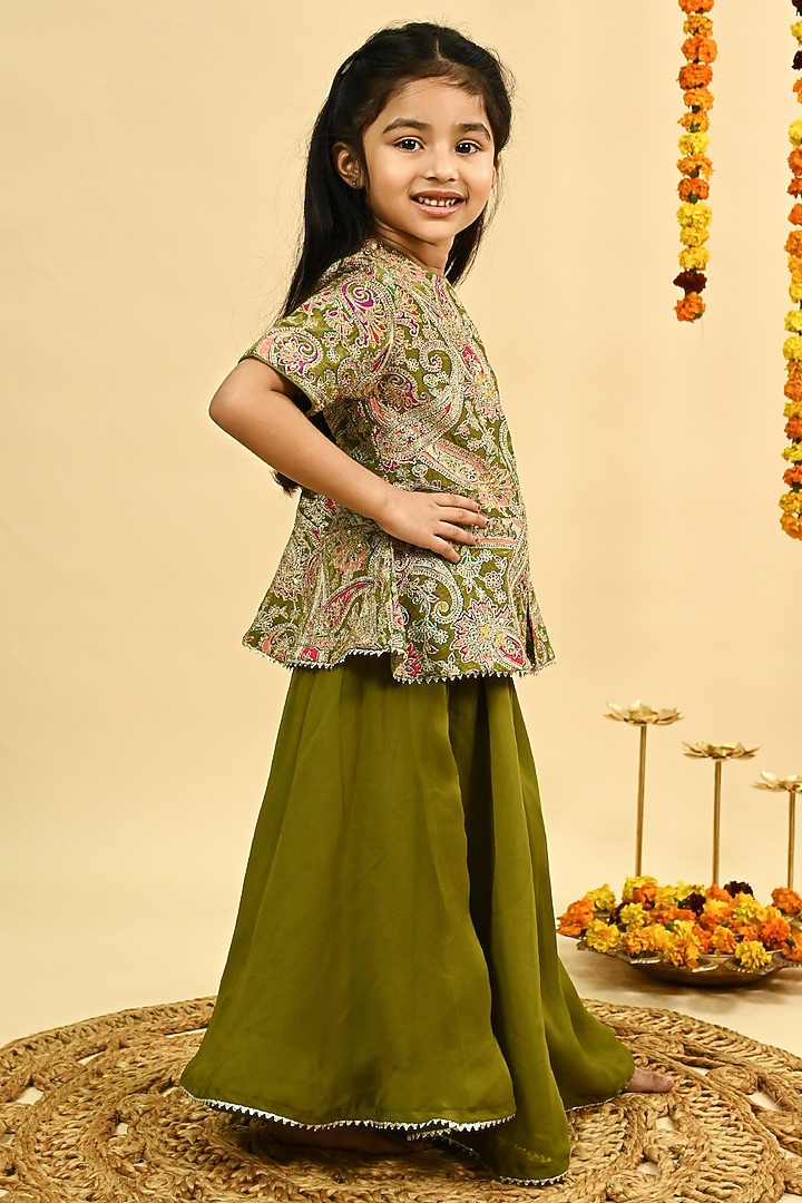 Olive Green Organza Sharara Set For Girls by Taber Tikri at Pernia's Pop Up Shop