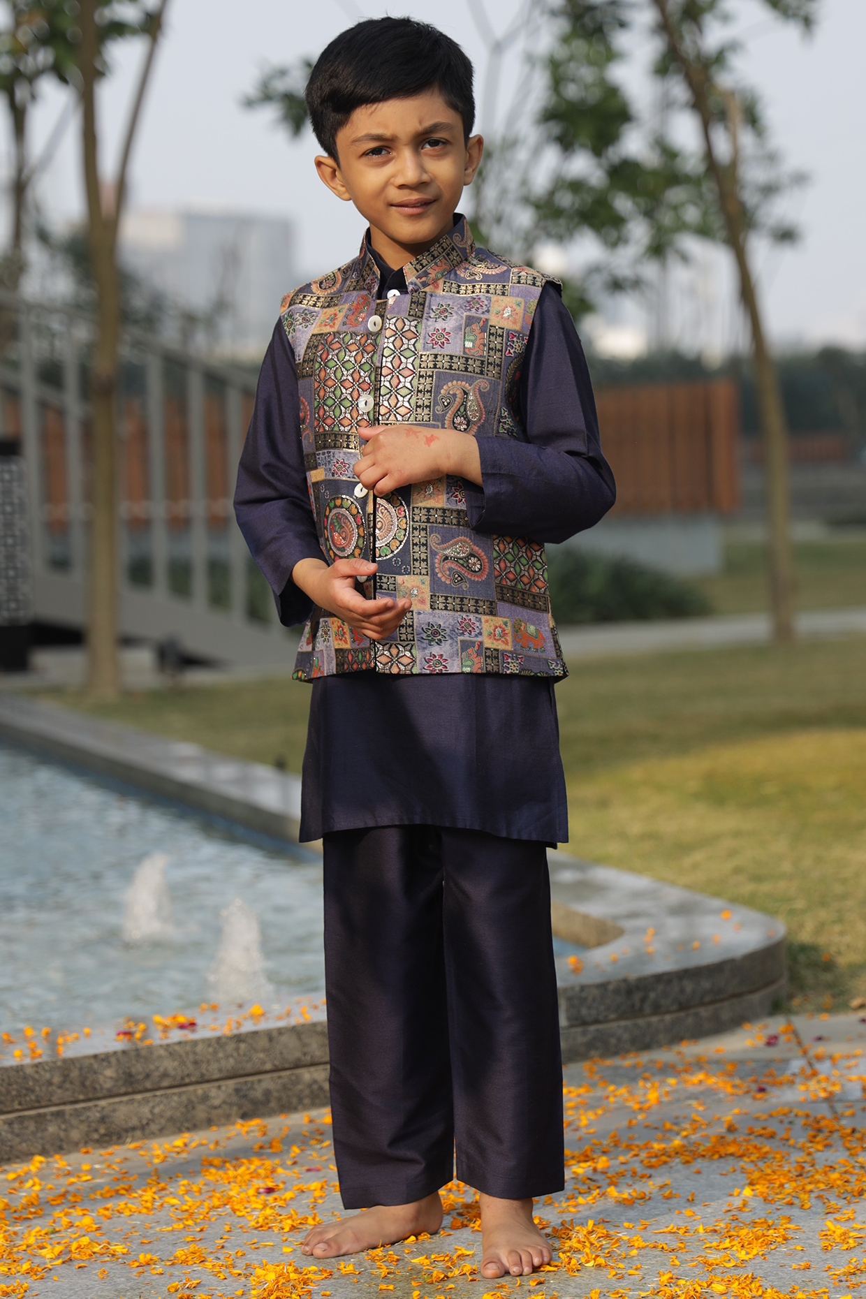 Blue-Grey Cotton Silk Mughal Printed Brocade Nehru Jacket Set For Boys by Taber Tikri