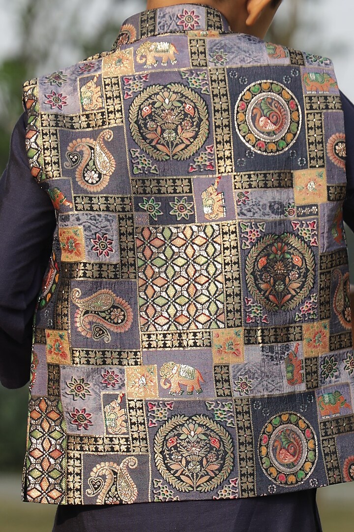 Blue-Grey Cotton Silk Mughal Printed Brocade Nehru Jacket Set For Boys by Taber Tikri at Pernia's Pop Up Shop