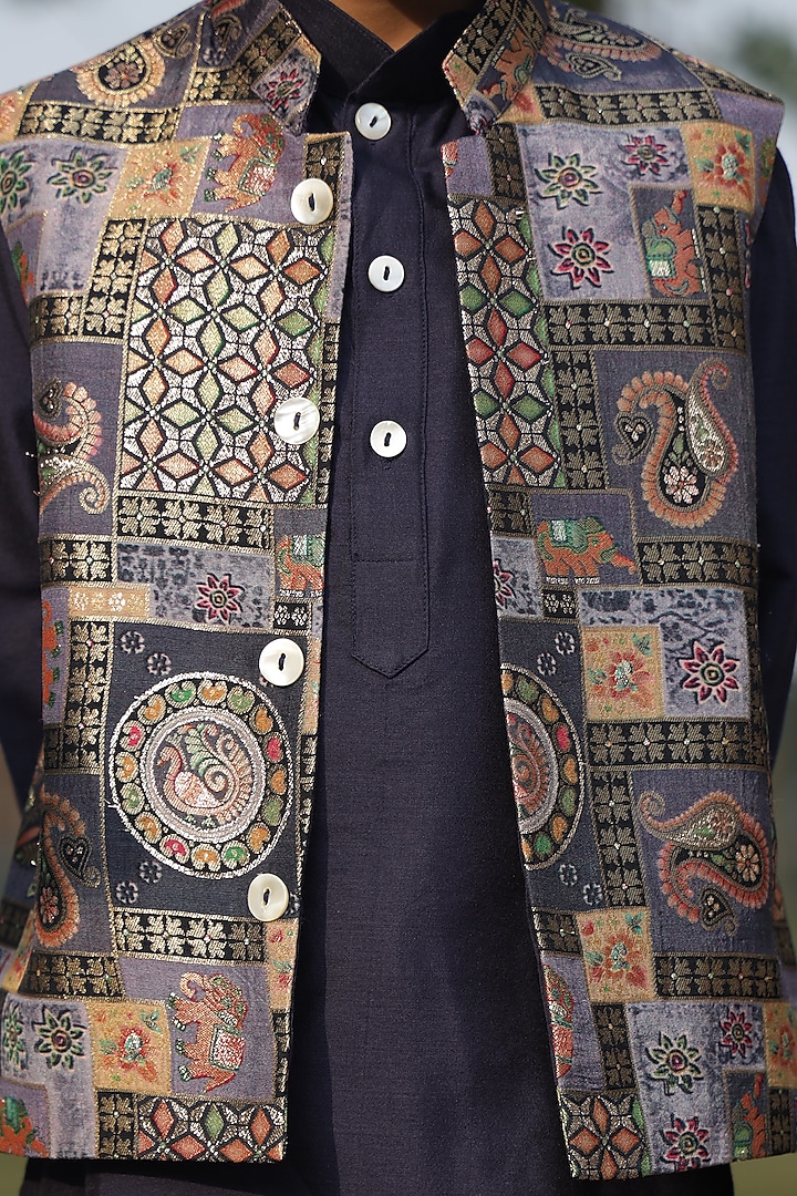 Blue-Grey Cotton Silk Mughal Printed Brocade Nehru Jacket Set For Boys by Taber Tikri at Pernia's Pop Up Shop