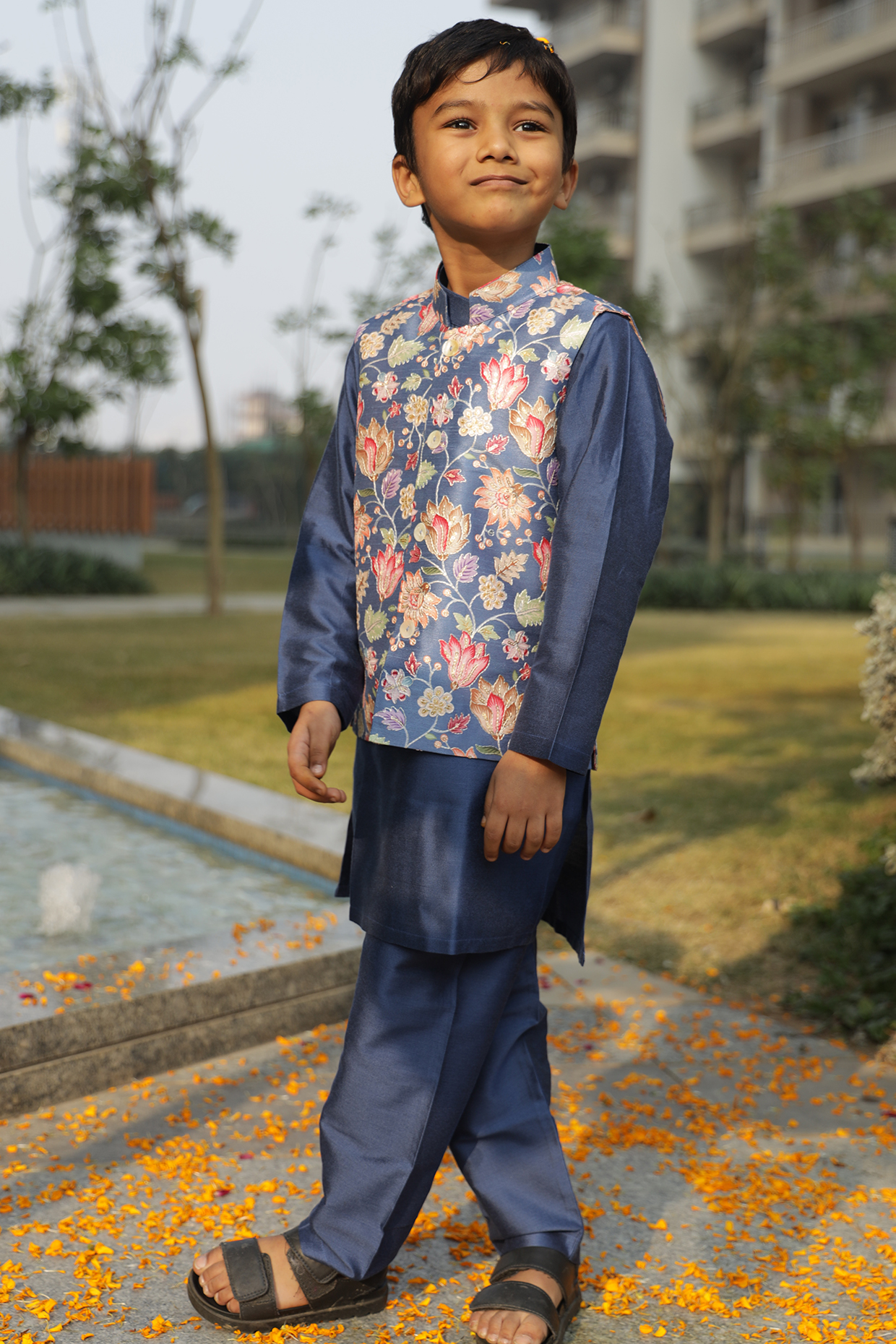 Blue Cotton Silk Floral printed Nehru Jacket Set For Boys by Taber Tikri