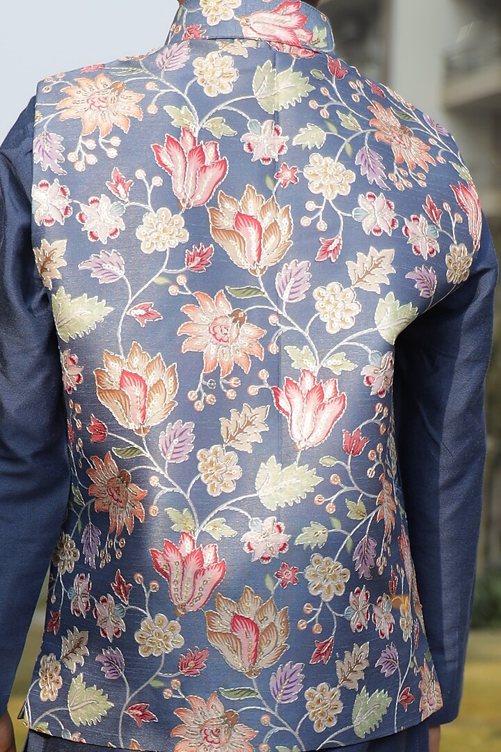 Blue Cotton Silk Floral printed Nehru Jacket Set For Boys by Taber Tikri at Pernia's Pop Up Shop