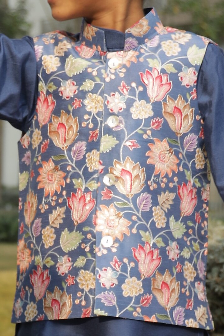 Blue Cotton Silk Floral printed Nehru Jacket Set For Boys by Taber Tikri at Pernia's Pop Up Shop