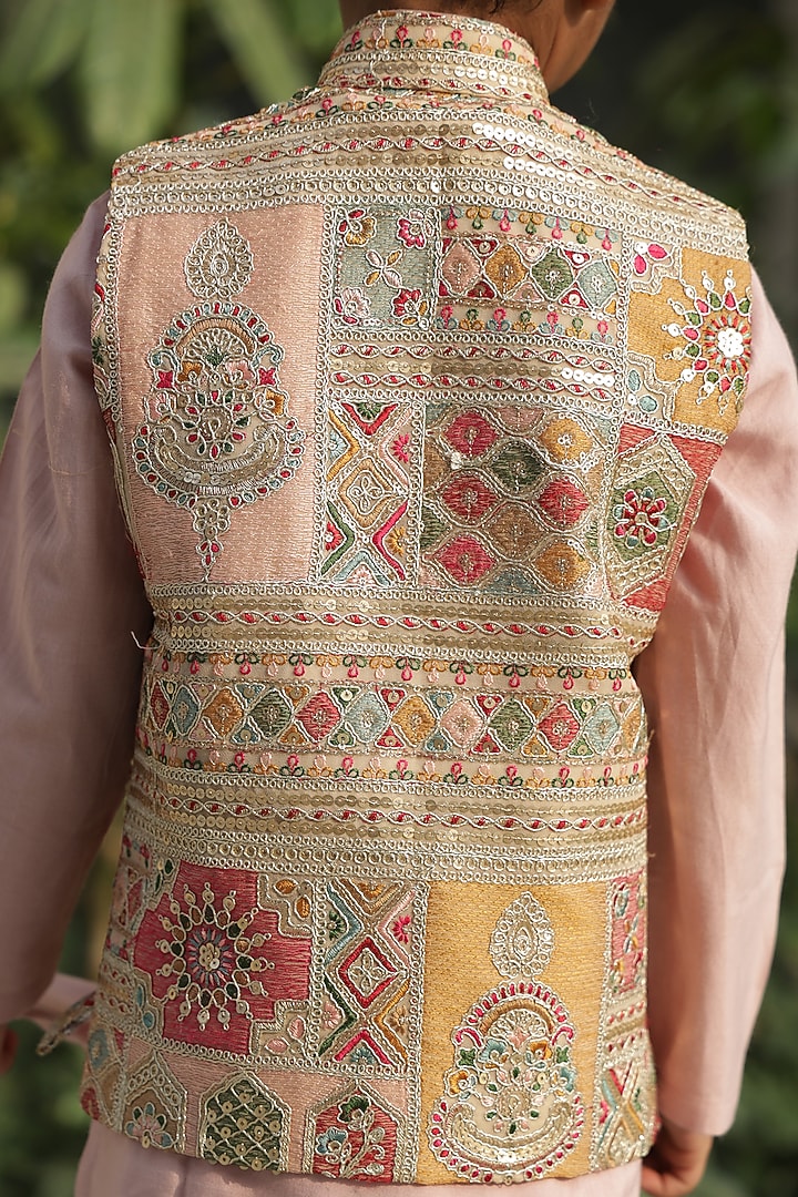 Pastel Pink Cotton Silk Thread Embroidered Nehru Jacket Set For Boys by Taber Tikri at Pernia's Pop Up Shop