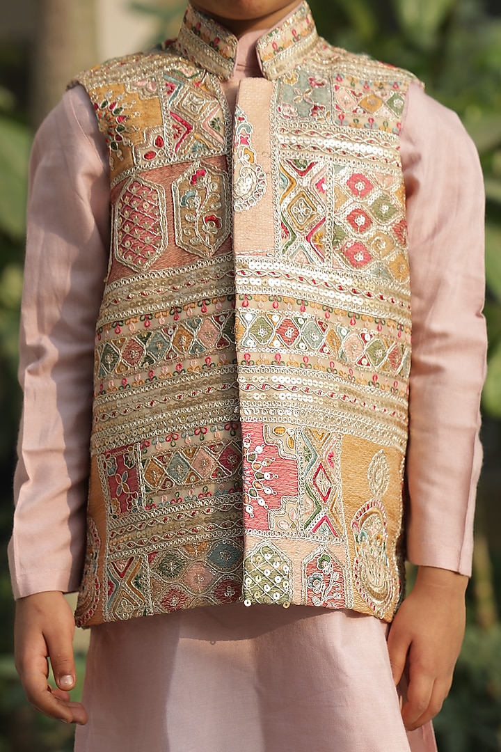 Pastel Pink Cotton Silk Thread Embroidered Nehru Jacket Set For Boys by Taber Tikri at Pernia's Pop Up Shop