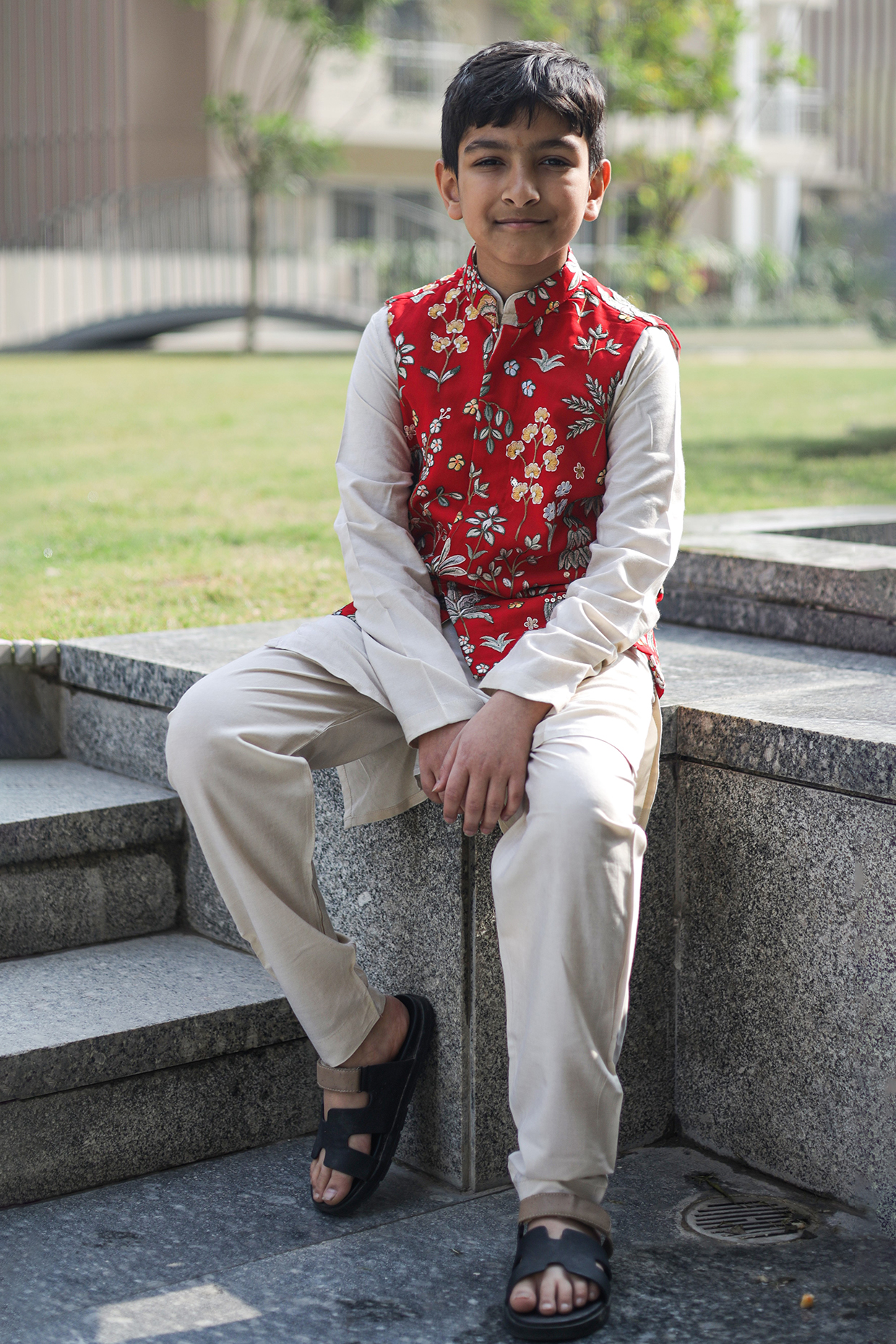 Red Georgette Floral Embroidered Nehru Jacket Set For Boys by Taber Tikri