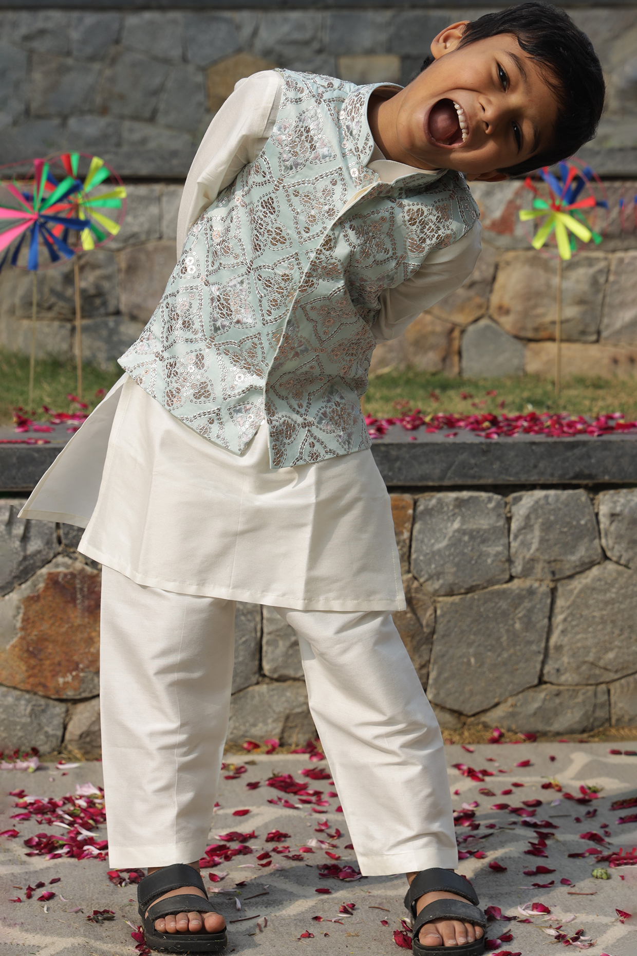 Pastel Blue Silk Thread Embroidered Nehru Jacket Set For Boys by Taber Tikri