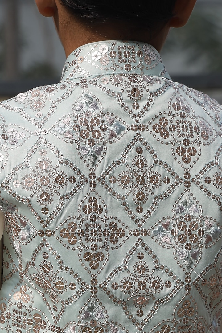 Pastel Blue Silk Thread Embroidered Nehru Jacket Set For Boys by Taber Tikri at Pernia's Pop Up Shop