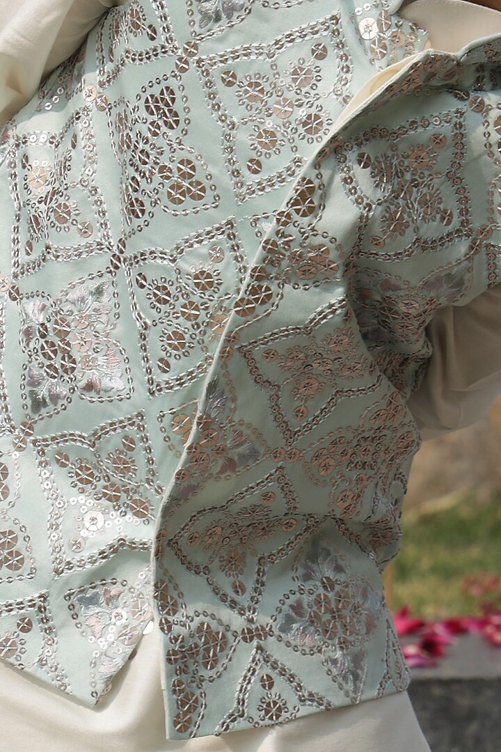 Pastel Blue Silk Thread Embroidered Nehru Jacket Set For Boys by Taber Tikri at Pernia's Pop Up Shop