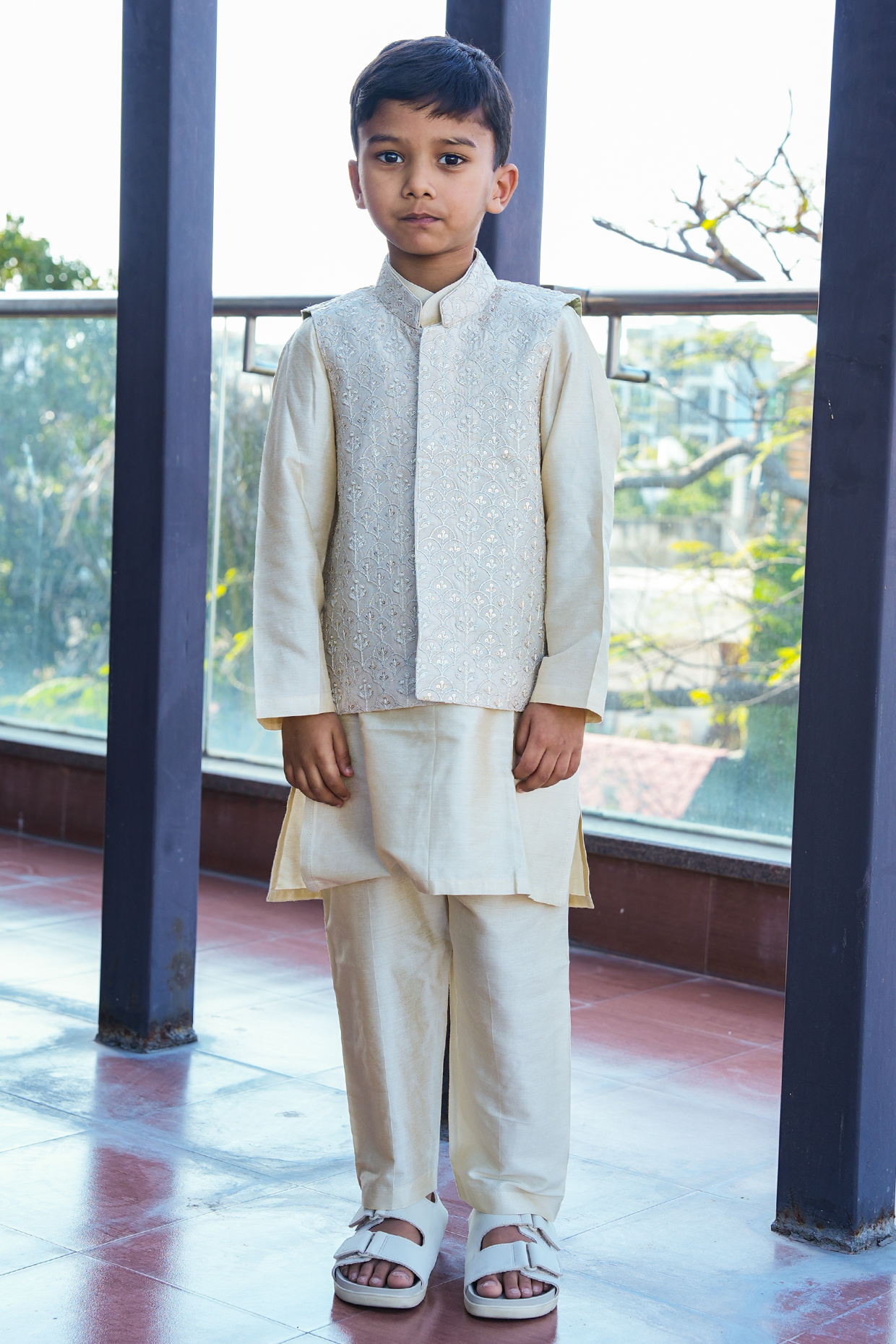 Beige Dola Silk Zari Floral Embroidered Nehru Jacket Set For Boys by Taber Tikri