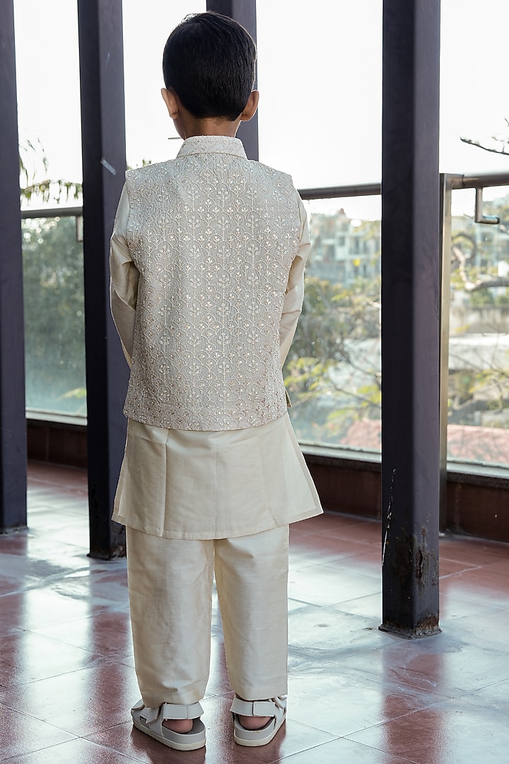 Beige Dola Silk Zari Floral Embroidered Nehru Jacket Set For Boys by Taber Tikri at Pernia's Pop Up Shop