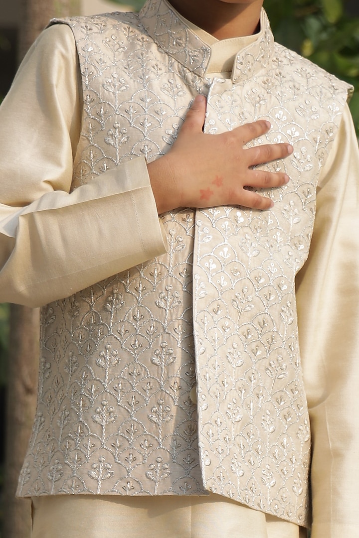 Beige Dola Silk Zari Floral Embroidered Nehru Jacket Set For Boys by Taber Tikri at Pernia's Pop Up Shop