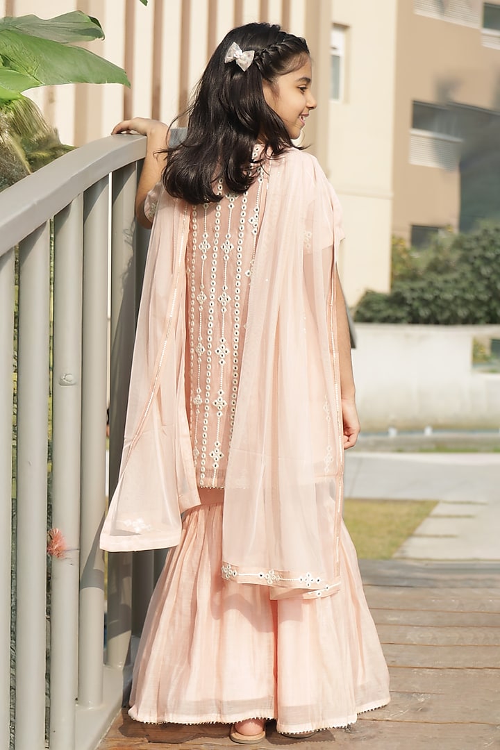 Peach Pure Mul Chanderi Mirror Embroidered Sharara Set For Girls by Taber Tikri at Pernia's Pop Up Shop