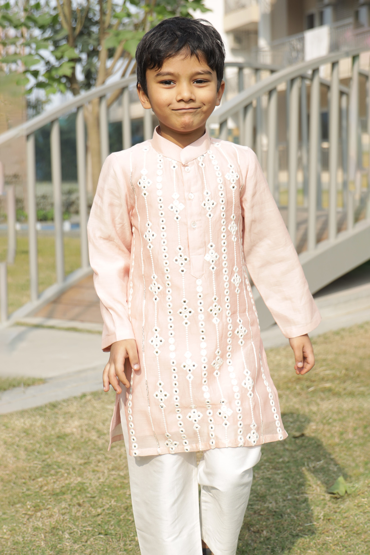 Peach Pure Mul Chanderi Mirror Embroidered Kurta Set For Boys by Taber Tikri