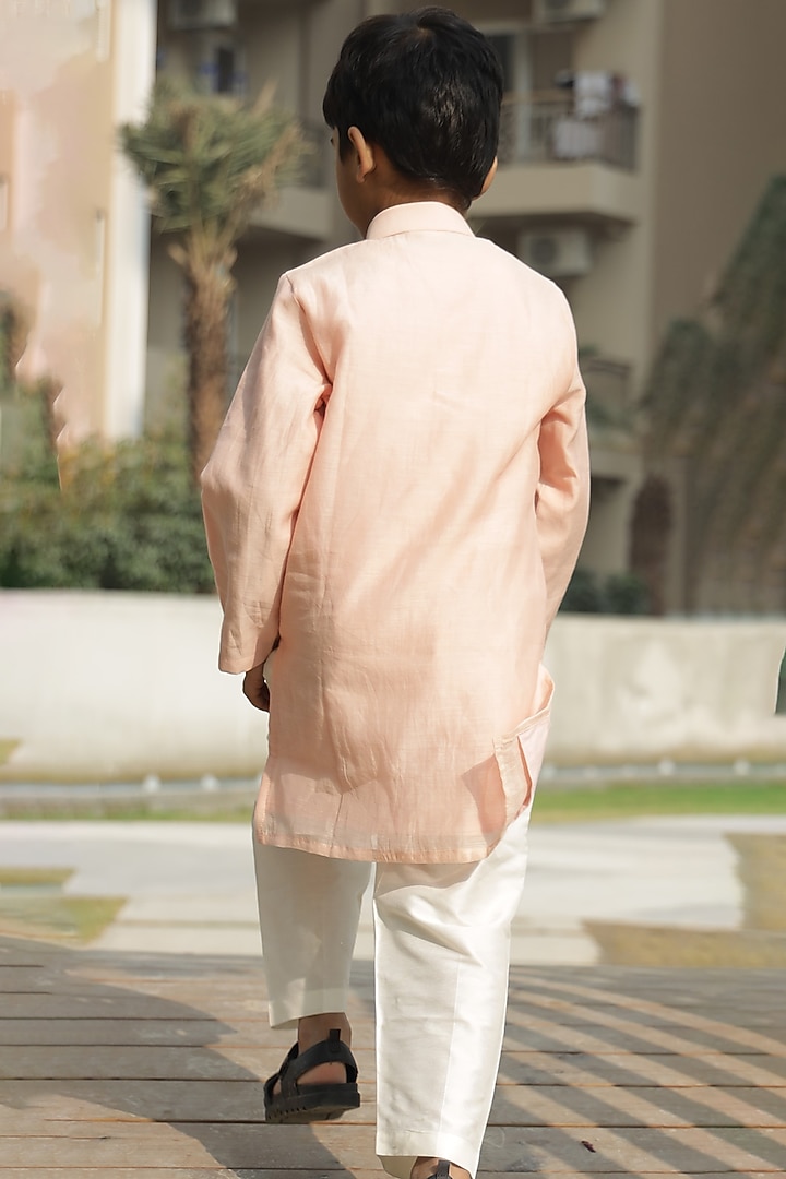 Peach Pure Mul Chanderi Mirror Embroidered Kurta Set For Boys by Taber Tikri at Pernia's Pop Up Shop