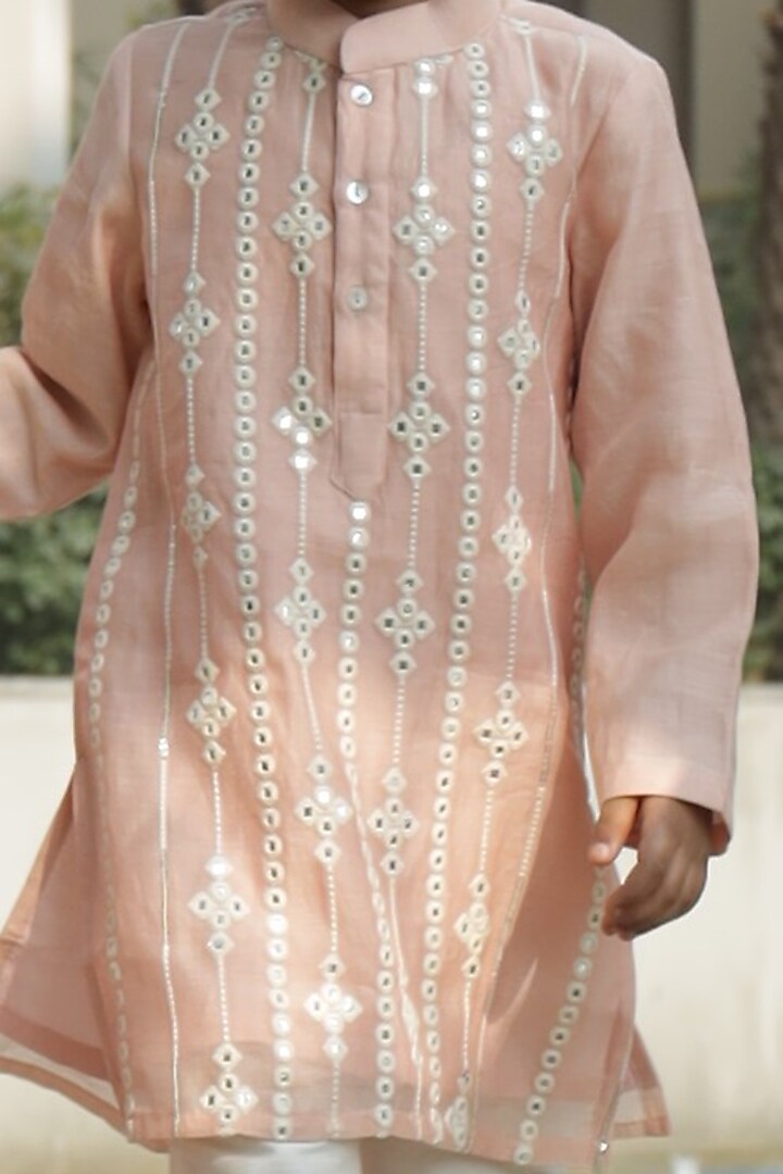 Peach Pure Mul Chanderi Mirror Embroidered Kurta Set For Boys by Taber Tikri at Pernia's Pop Up Shop
