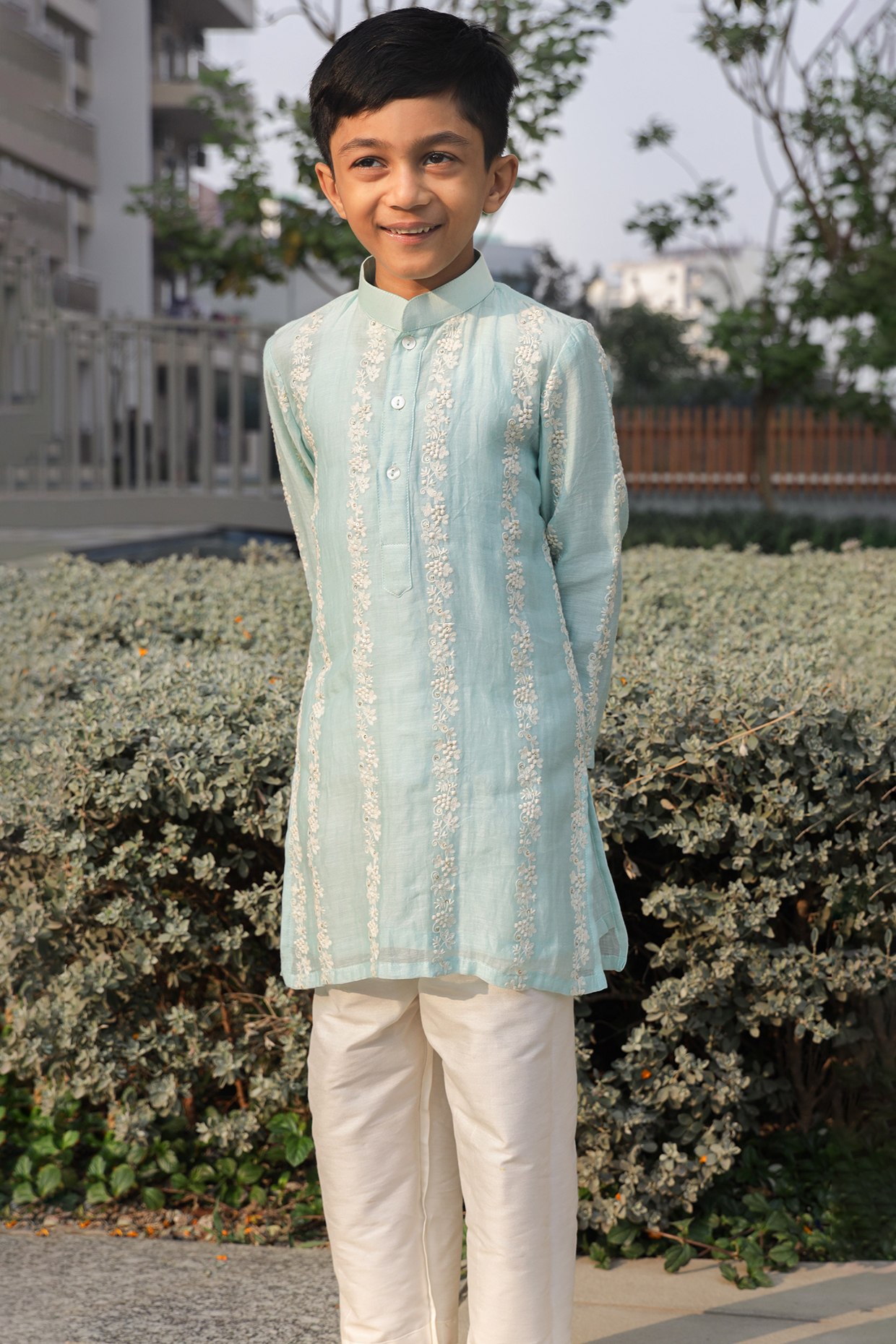 Sky Blue Pure Mul Chanderi Embroidered Kurta Set For Boys by Taber Tikri