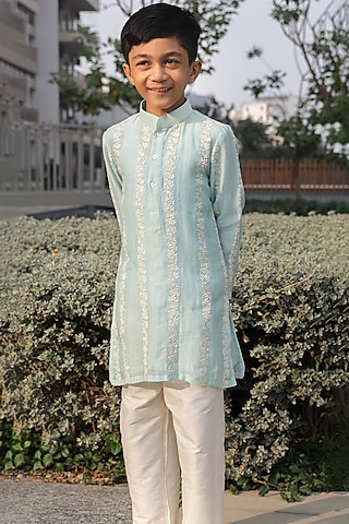 Sky Blue Pure Mul Chanderi Embroidered Kurta Set For Boys by Taber Tikri