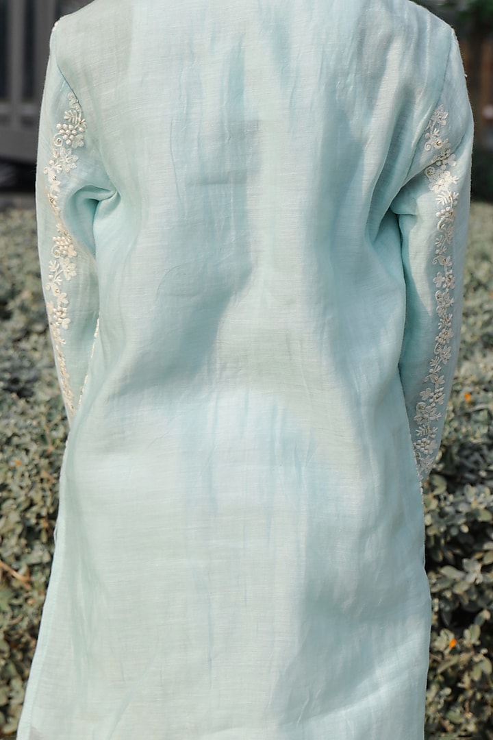 Sky Blue Pure Mul Chanderi Embroidered Kurta Set For Boys by Taber Tikri at Pernia's Pop Up Shop