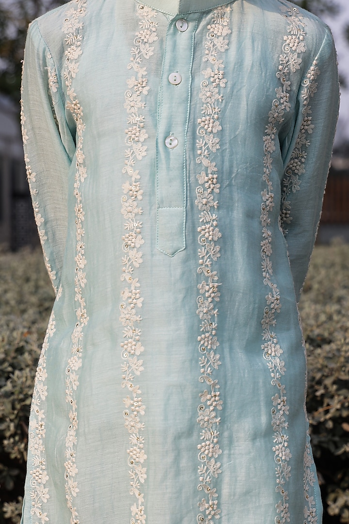 Sky Blue Pure Mul Chanderi Embroidered Kurta Set For Boys by Taber Tikri at Pernia's Pop Up Shop