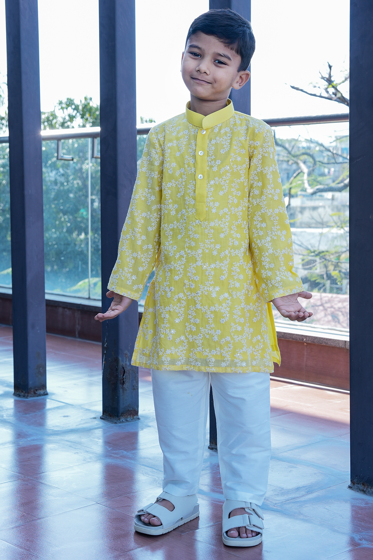 Yellow Pure Mul Chanderi Floral Jaal Embroidered Kurta Set For Boys by Taber Tikri