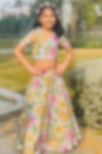 Powder Blue & Grey Chinon Floral Printed Lehenga Set For Girls by Taber Tikri at Pernia's Pop Up Shop